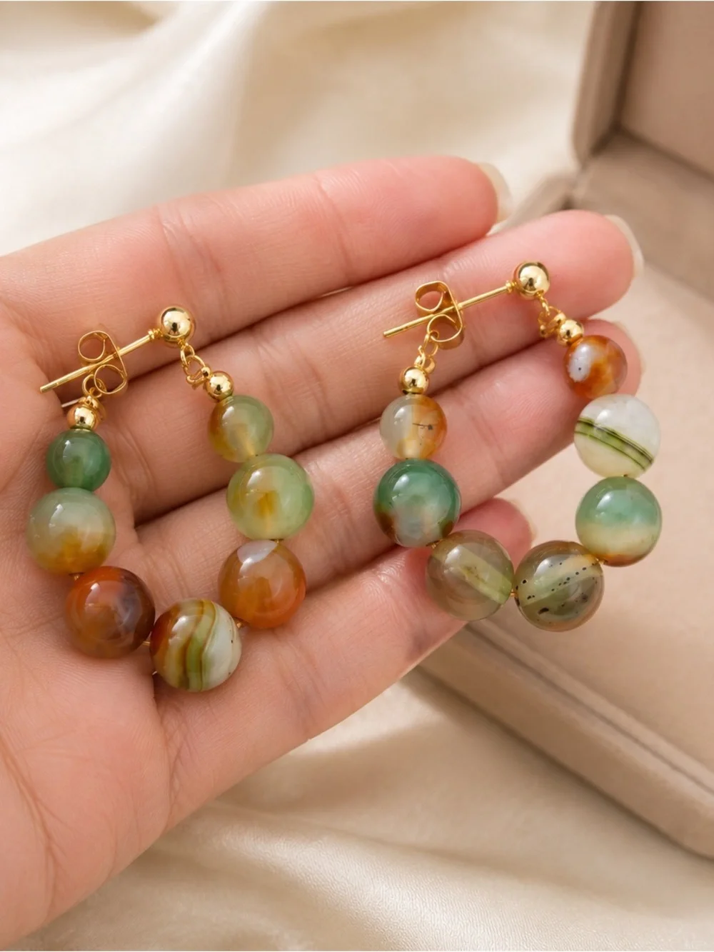 Gold Hoop Earrings with Multicolor Agate Beads fashion earrings